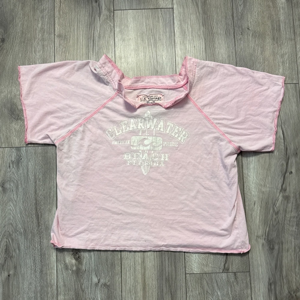 US Vintage Y2K Clearwater Beach Florida Graphic T Shirt Top Pink Short‎ Sleeve